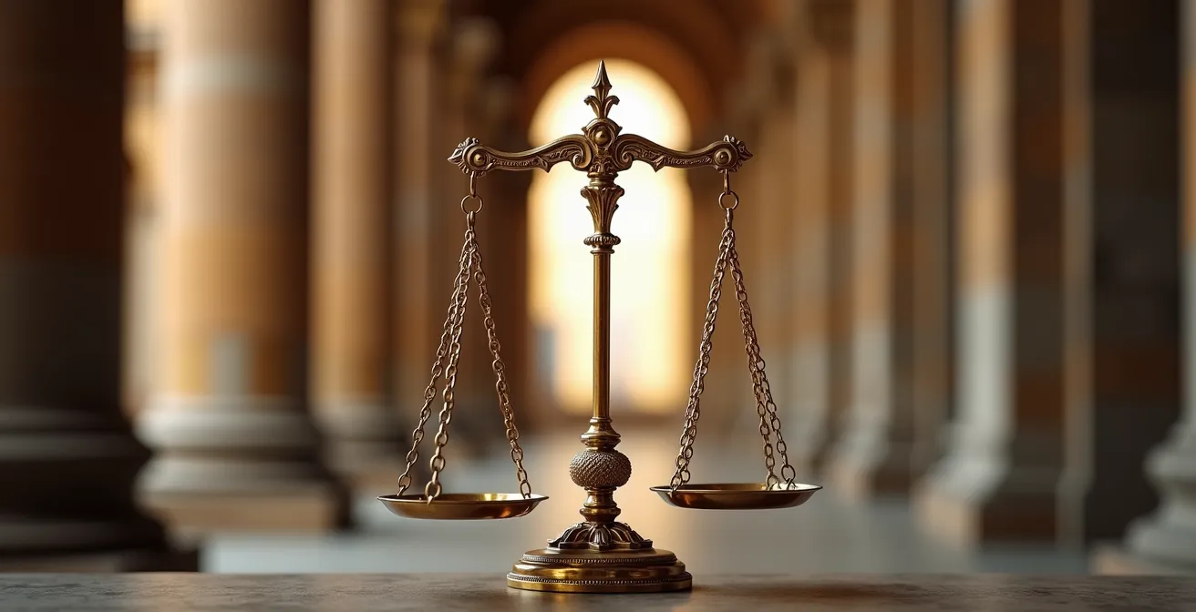 Balance de justice en métal doré avec détails architecturaux européens