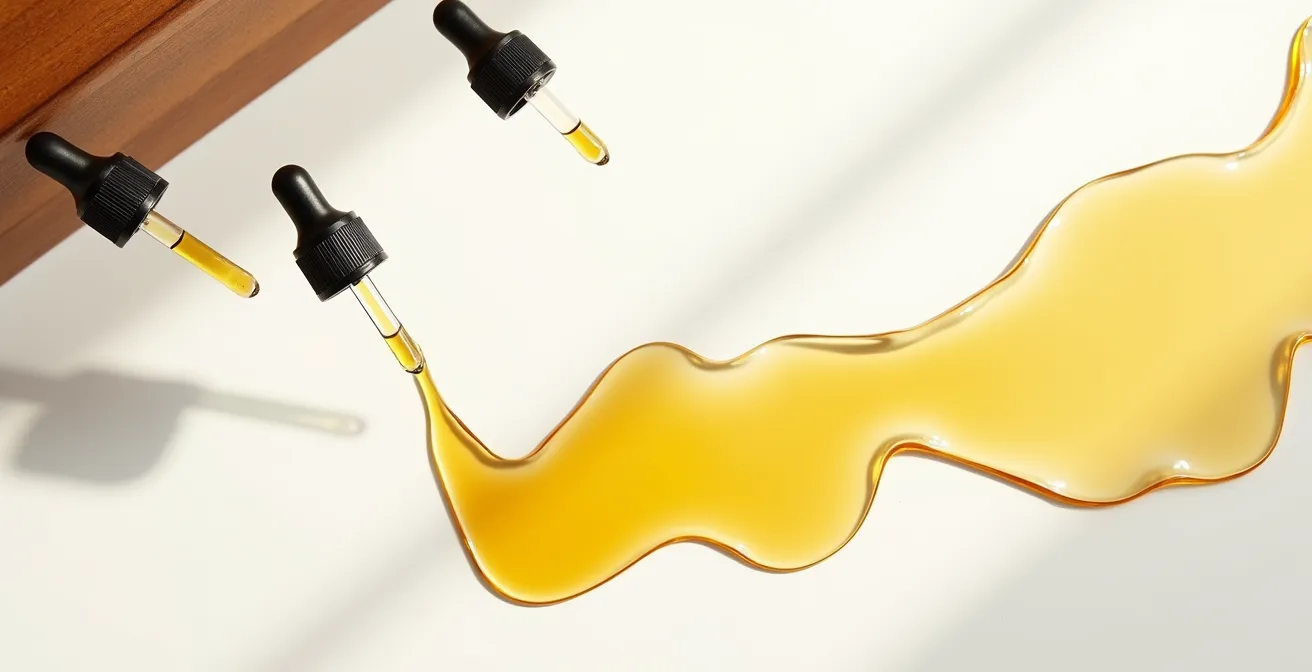 Pipettes d'huiles aux teintes ambrées se mélangeant harmonieusement